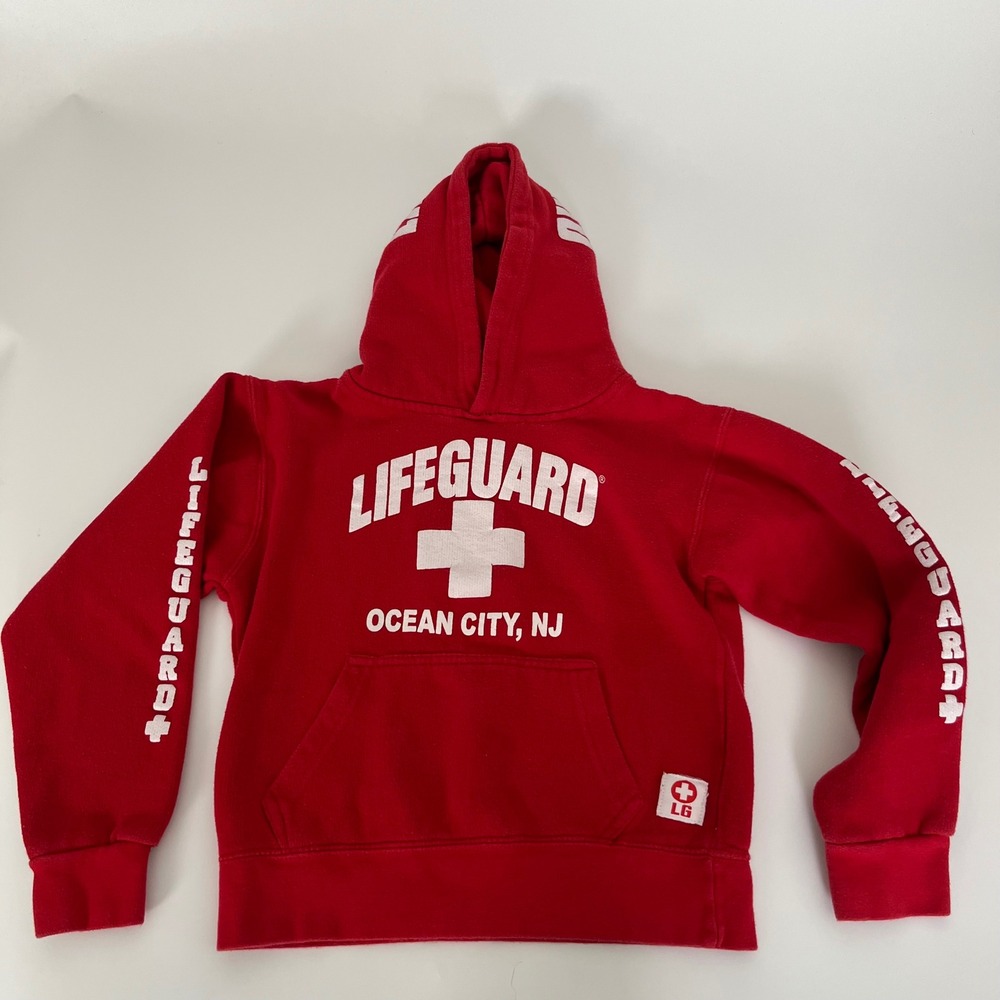 Lifeguard Ocean City NJ Hoodie Red Pullover Sweatshirt Small Logo Graphics